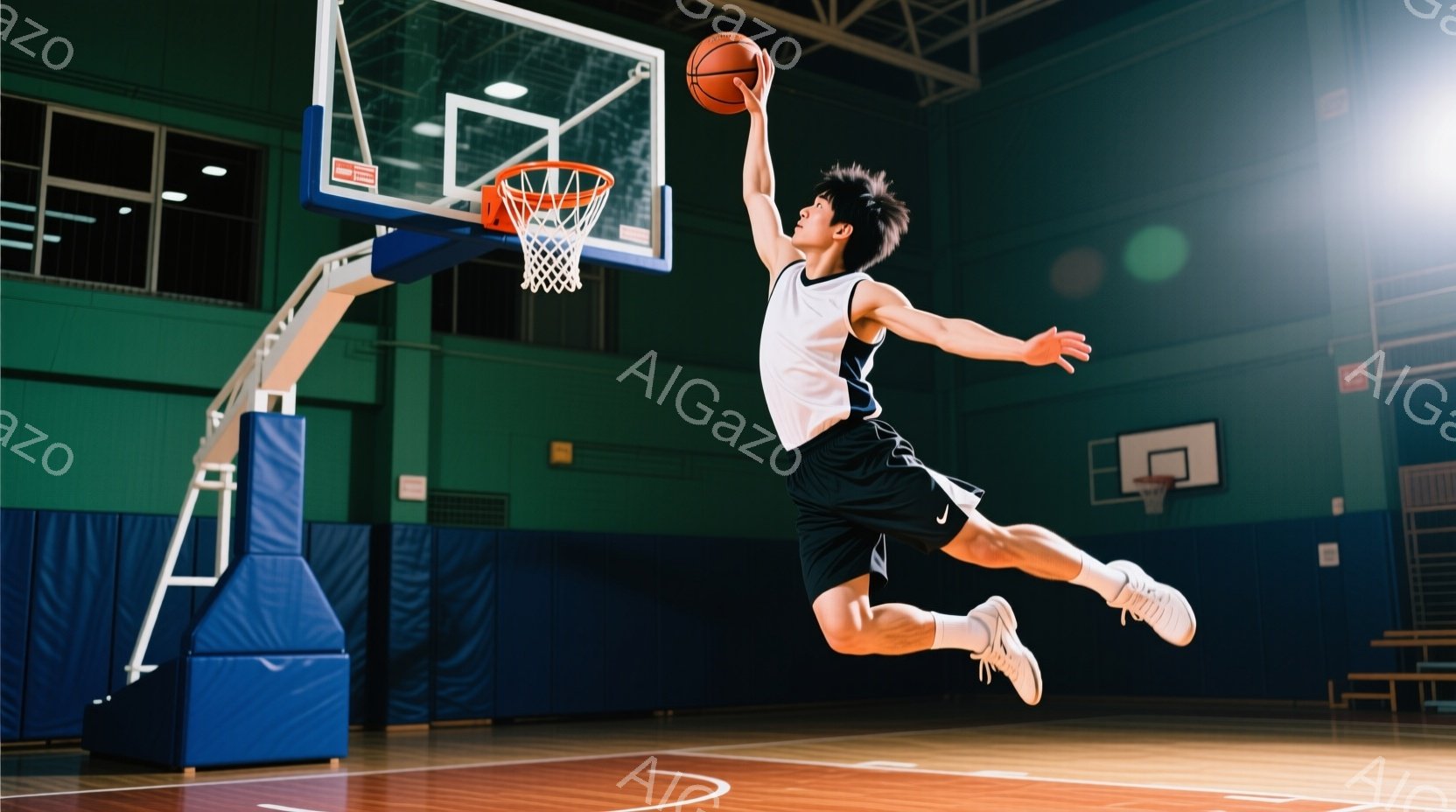 バスケットボール選手がジャンプシュートを打ち、空中でボールを放とうとしている様子が写っている。選手は白のタンクトップと黒のショーツを着用し、短髪で躍動感のある姿勢を見せている。背景にはバスケットゴール - AI生成フリー素材