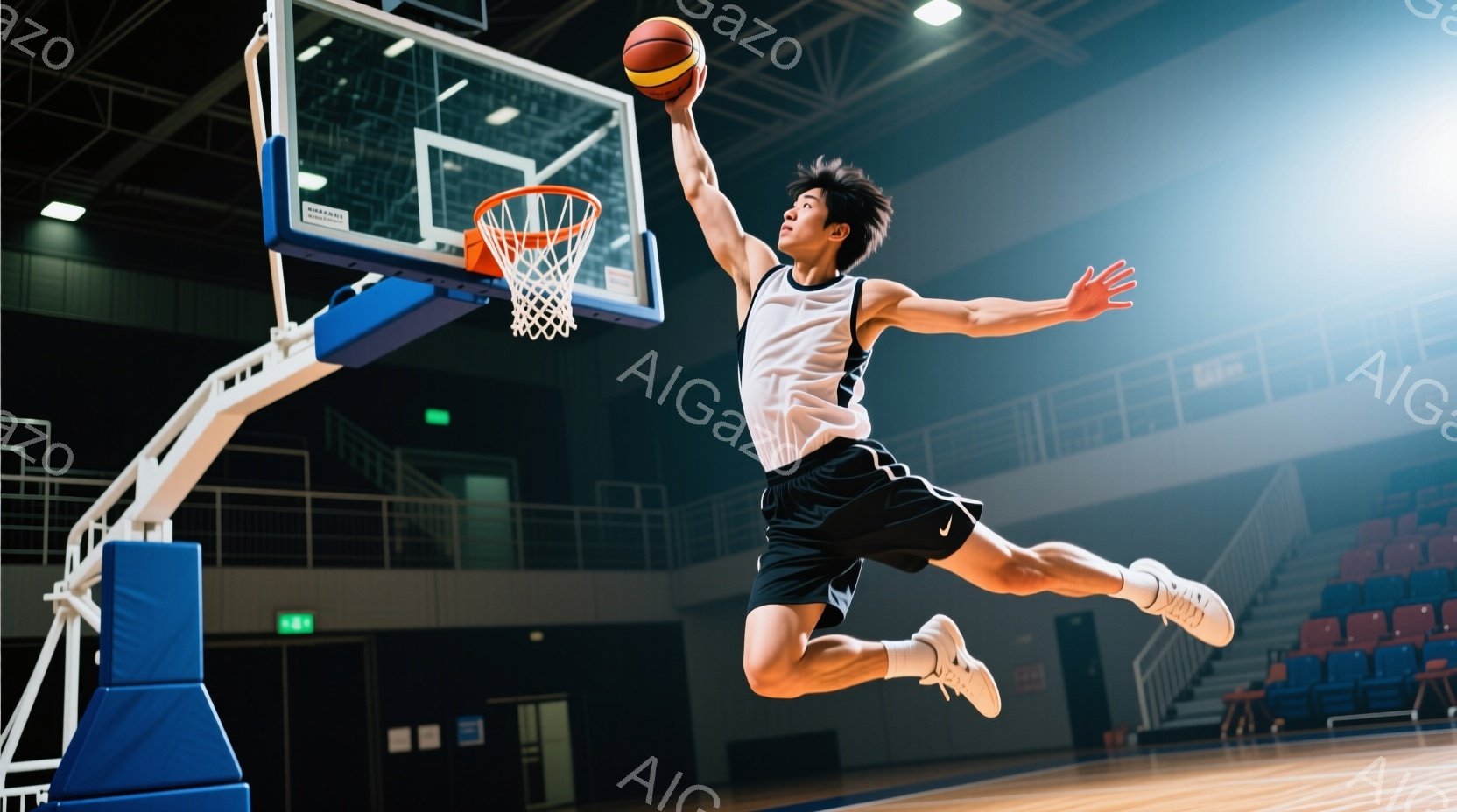 バスケ選手がジャンプシュートを打ち、空中でボールに向かって手を伸ばしている。彼は白いタンクトップと黒いショーツ、白いスニーカーを着用し、短髪で、集中した表情をしている。背景には観客席とバスケットゴールが見え、体育館の明るい照明が選手の動きを強調している。