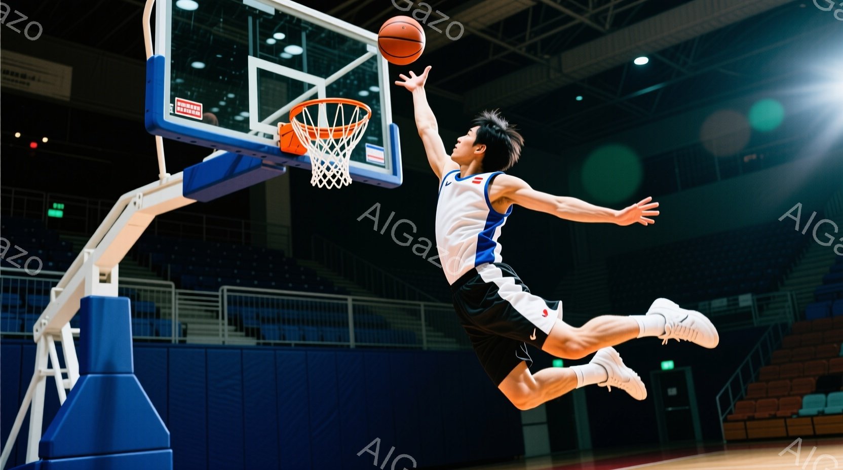 バスケットボール選手がダンクシュートを決める瞬間を捉えた写真です。黒髪で、白いタンクトップと黒いショートパンツを着用し、空中での姿勢は非常にダイナミックです。背景はバスケットボールコートで、観客席がぼ - AI生成フリー素材