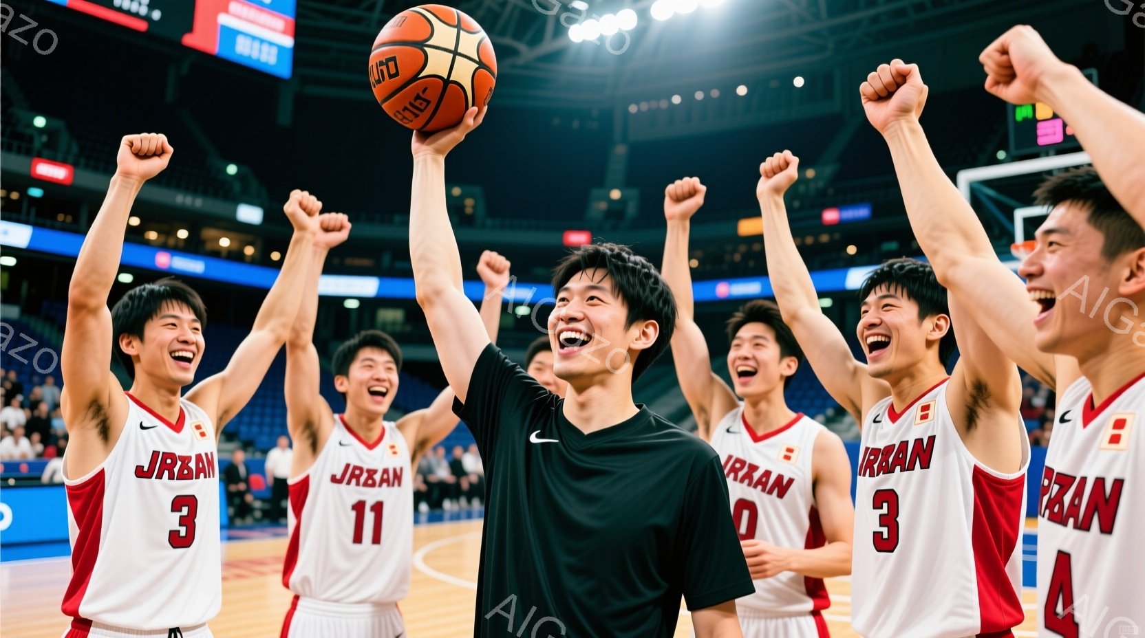 バスケットボールの試合で勝利したと思われる日本代表の選手たちが、歓喜の表情で腕を高く上げています。赤と白のユニフォームには「JAPAN」と背番号が記されており、選手たちは興奮した様子で笑顔を見せています。背景には観客席が広がり、体育館の照明が明るく照らされています。