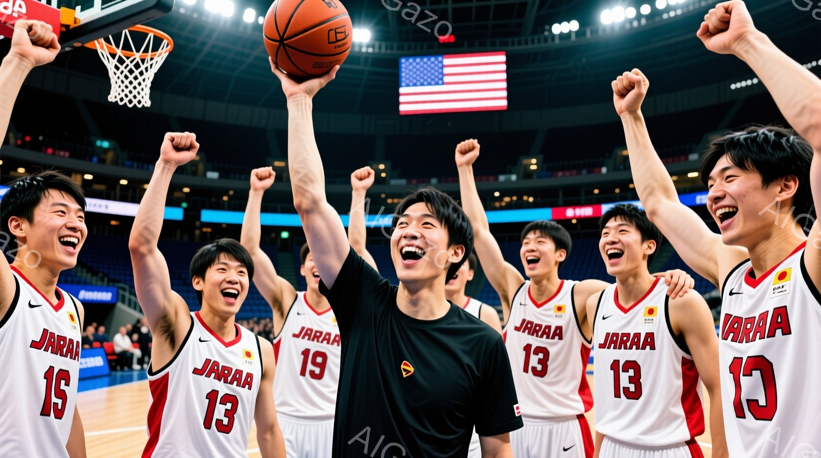 バスケの試合で勝利した日本の選手たちが、観客席に向かって両手を高く掲げ、歓喜の表情を浮かべている。白地に赤のラインが入ったユニフォームには「JAPAN」と背番号が書かれており、髪型は短髪で、チームの一体感が感じられる。背景には観客席とアメリカ国旗が見え、体育館の照明が明るく、勝利の瞬間を盛り上げている。
