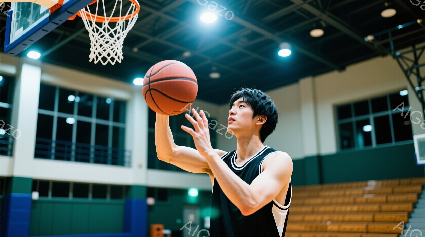 バスケをする若い男性が写っている。黒いタンクトップに短い髪型で、シュートを打つためにボールを高く掲げ、真剣な表情をしている。背景は体育館内部で、観客席やバスケットゴールが見え、照明が明るく照らされてい - AI生成フリー素材