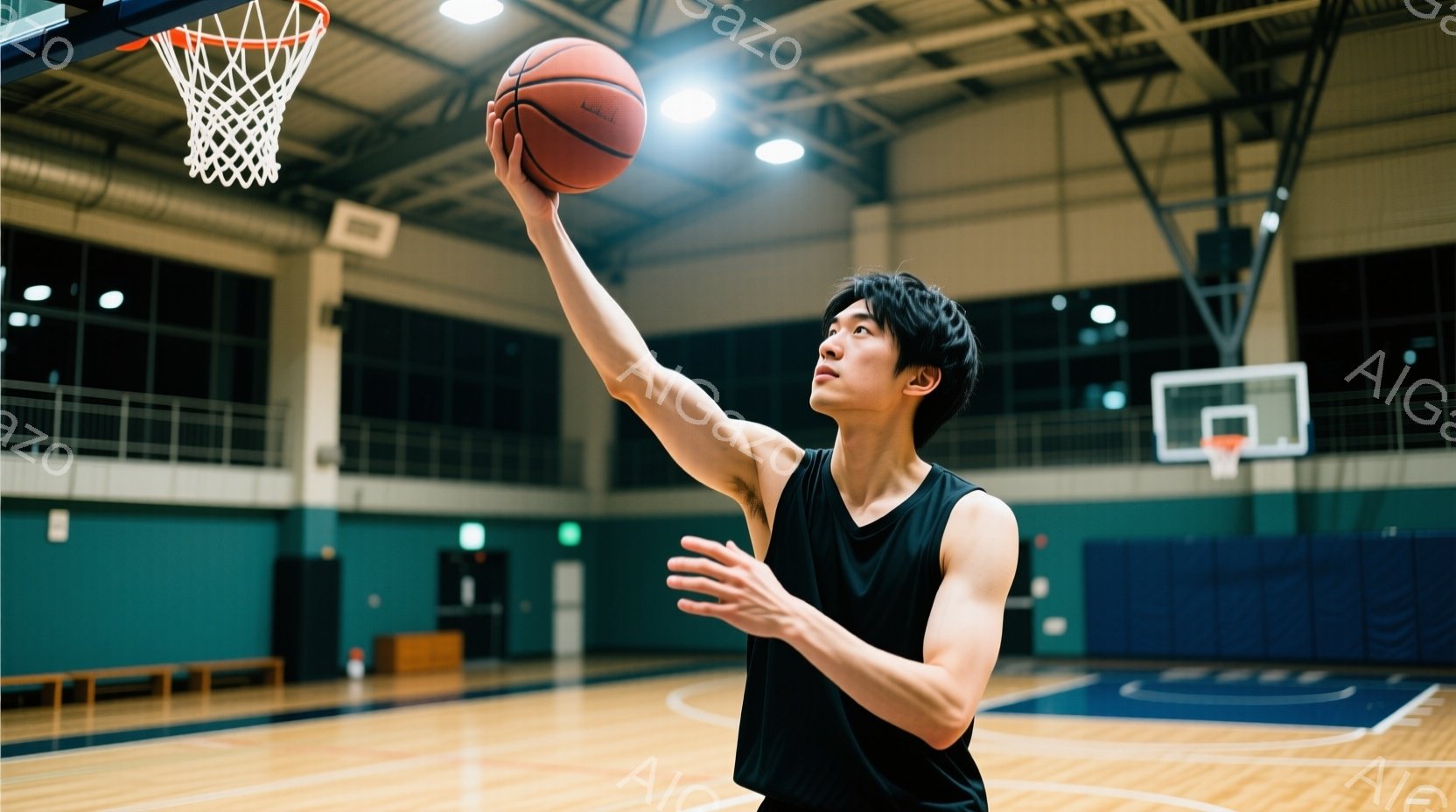黒いタンクトップを着た若い男性がバスケットボールコートでシュートをしています。彼はボールを高く掲げ、集中した表情でシュートの準備をしています。背景にはバスケットゴールと観客席が見え、体育館の照明が明る - AI生成フリー素材