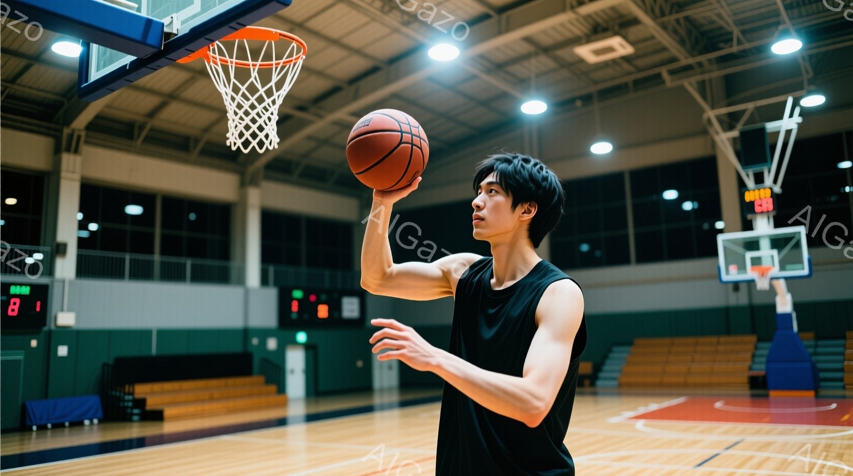 若い男性がバスケットボールコートでシュートの練習をしている様子が写っている。彼は黒のタンクトップを着ており、短くダークブラウンの髪をしている。コートは広く、観客席は青と赤で彩られており、天井からは明る - AI生成フリー素材