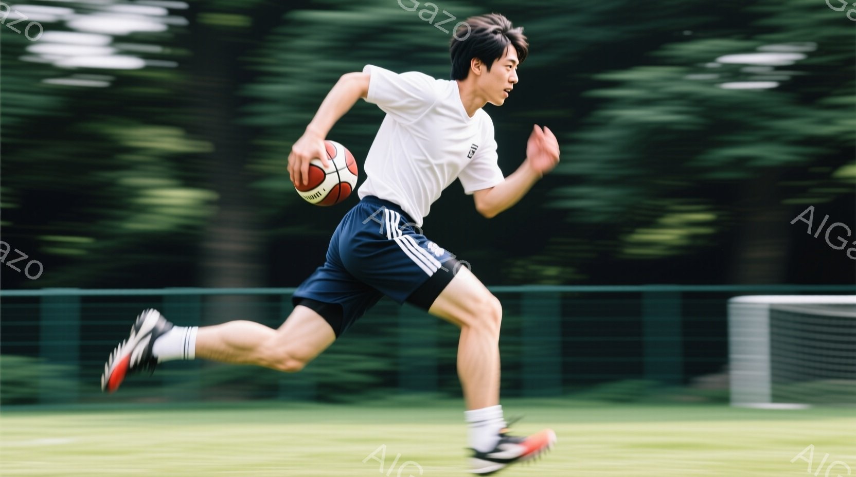 若い男性が緑の芝生の上を走っている様子が写っている。彼は白い半袖シャツと黒いショートパンツ、そしてスニーカーを着用しており、左手にバスケットボールを持っている。背景には緑豊かな木々があり、ぼやけた運動場のゴールが見え、活気のある屋外スポーツの瞬間を捉えている。