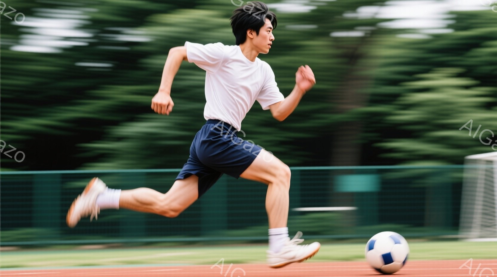 短い黒髪の若い男性が、トラックを疾走している。白いTシャツと濃い青色の短パンを着用し、白い靴下とスニーカーを履いている。背景には緑豊かな木々とフェンスが見え、屋外の晴れた日に運動している様子が伺える。 - AI生成フリー素材