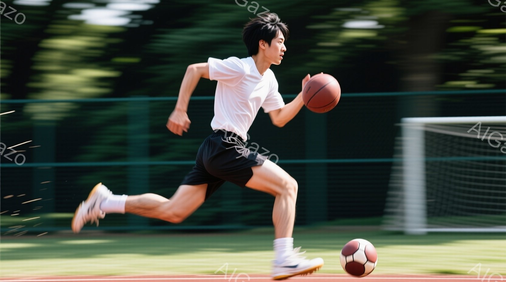 若い男性がバスケットボールを持って走り、躍動感のある瞬間を捉えている。彼は白いTシャツと黒い短パン、白いソックスとスニーカーを着用し、ショートヘアで活発な表情をしている。背景には緑豊かな木々、赤いラン - AI生成フリー素材