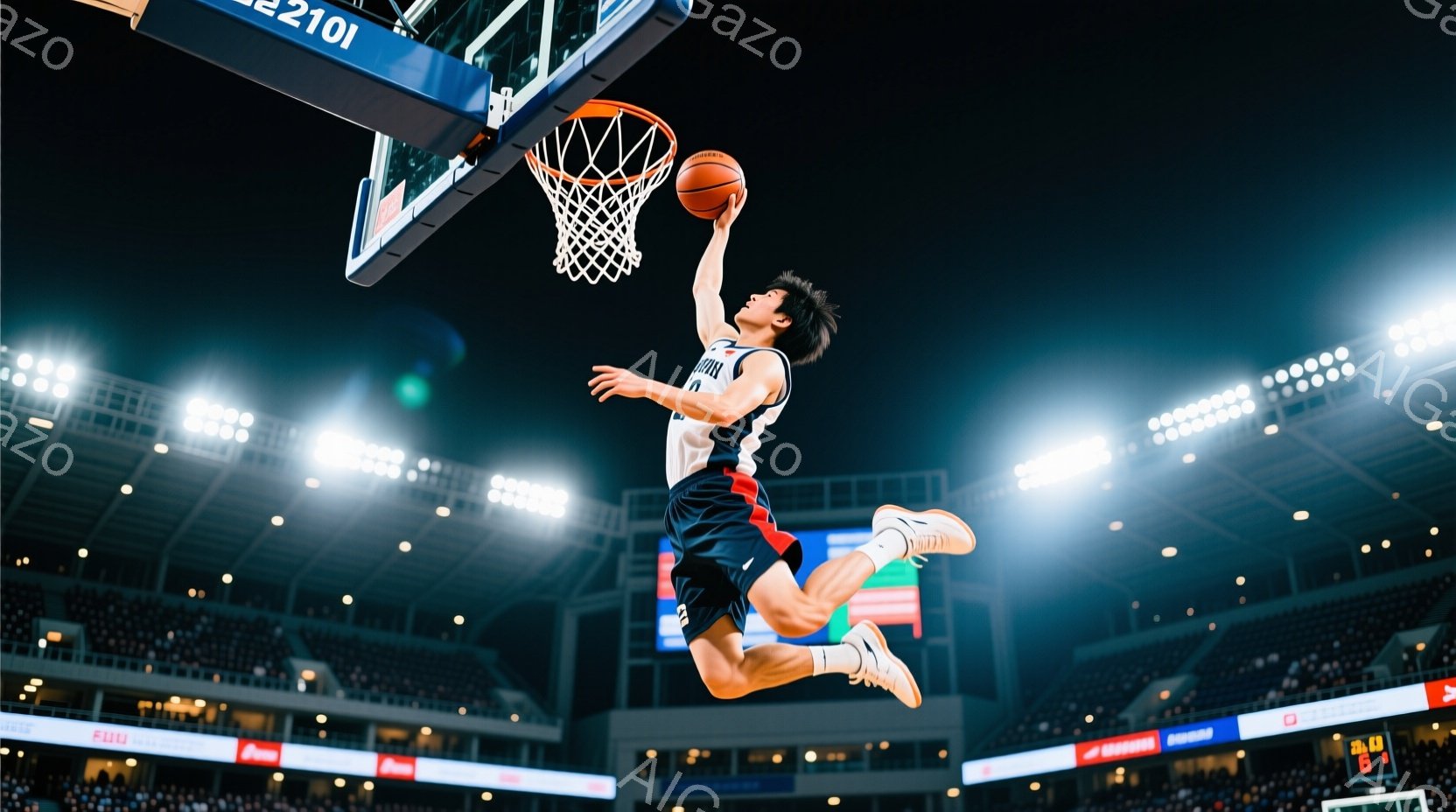 バスケットボール選手が空中高くジャンプし、ダンクシュートを決めようとしている瞬間を捉えた写真です。選手は赤と白のユニフォームと黒いショートパンツを着用し、髪は短く、集中した表情をしています。背景は観客席でいっぱいのアリーナで、照明が明るく、競技場の熱気を感じさせます。