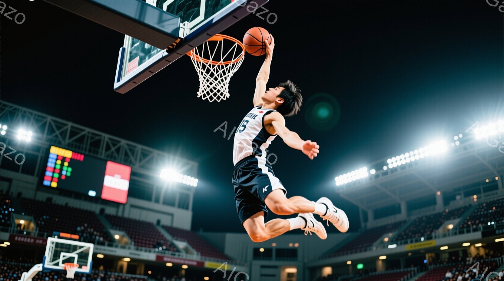 バスケ選手がダンクシュートを試みる瞬間を捉えた写真です。黒と白のユニフォームに、短髪で力強い表情をしています。背景には観客席が広がり、体育館の照明が明るく照らし出されており、躍動感と競技の熱気が伝わってきます。