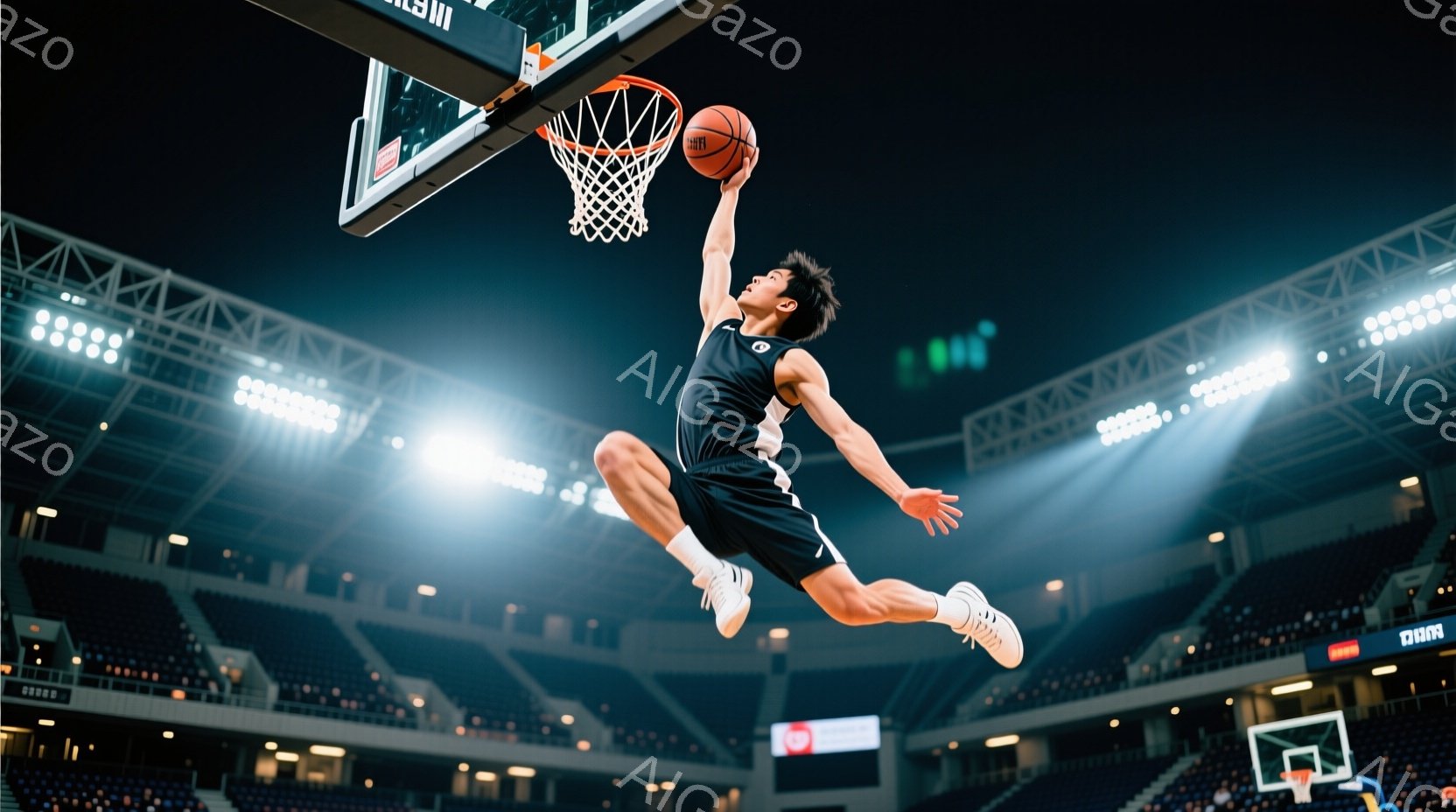 黒いユニフォームと白いショートパンツを着用したバスケットボール選手が、リングに向かってジャンプシュートを放とうとしている。彼の髪は短く、顔は集中した表情で、躍動感あふれる姿勢は競技への情熱を示している。背景は観客席で埋め尽くされた体育館で、スポットライトが選手を照らし、高揚感のある競技の雰囲気を醸し出している。