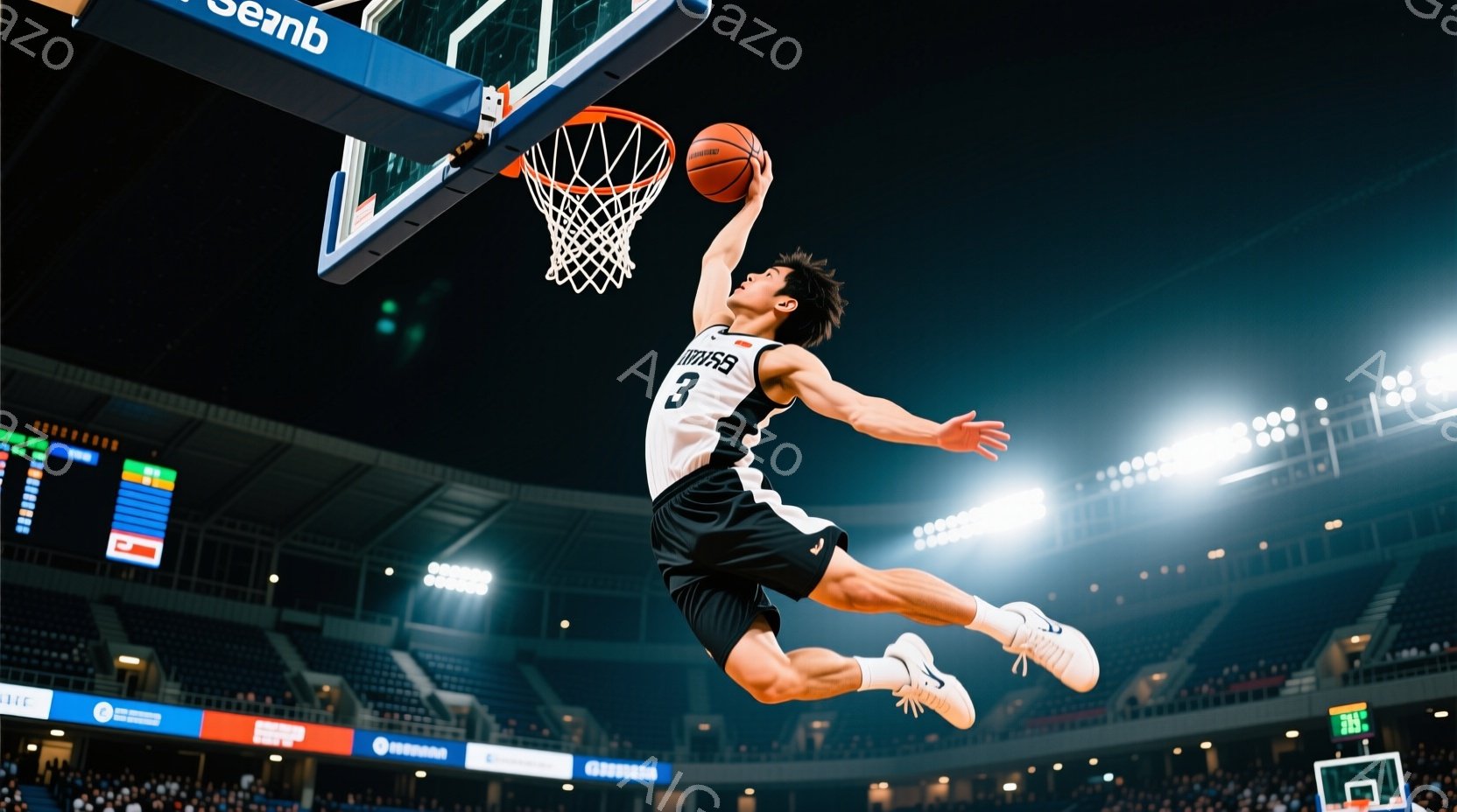 黒いユニフォームと黒いショーツを着たバスケットボール選手が、リングに向かって空中でボールをダンクしている様子が捉えられています。彼の髪は短く、表情は真剣で、全身で力強い動きを表しています。背景には観客 - AI生成フリー素材