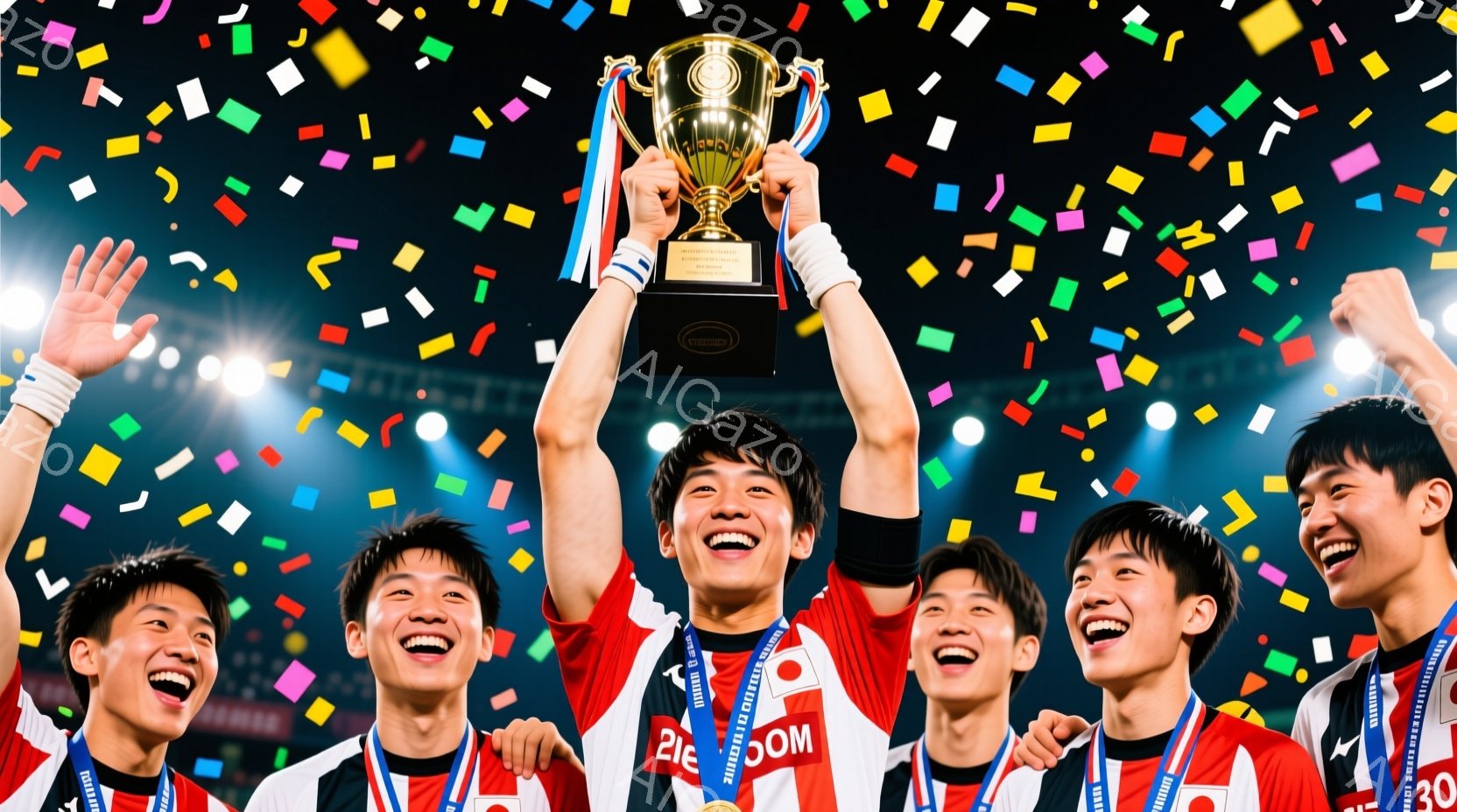 5人のサッカー選手が、勝利のトロフィーを掲げ、歓喜の表情を浮かべている。赤いユニフォームに白の文字が入り、首には金色のメダルがかけられている。背景は暗く、カラフルな紙吹雪が舞い、スタジアムのような場所 - AI生成フリー素材