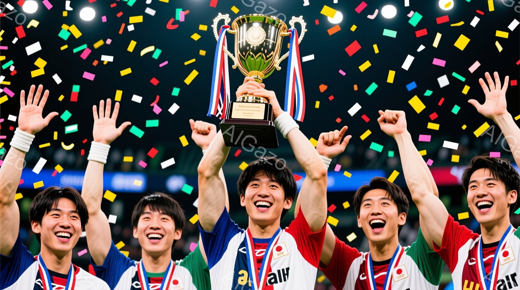 日本のサッカー選手たちが歓喜の表情でトロフィーを掲げている様子が写っています。選手たちは赤いユニフォームに緑色のライン、そして日本の国旗のワッペンをつけており、髪型は短髪で、笑顔で腕を高く上げ、勝利を祝っています。背景には色とりどりの紙吹雪が舞い上がり、勝利の瞬間を盛り上げています。
