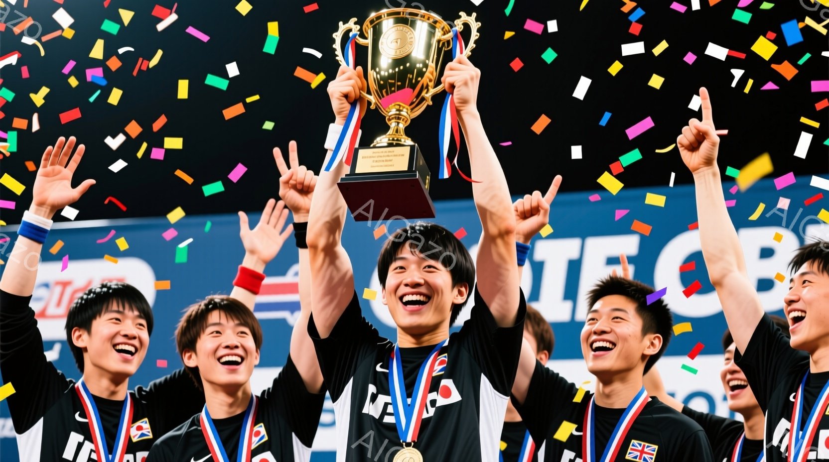 複数の若い男性たちが、金色のトロフィーを高く掲げて歓喜しています。彼らは黒いユニフォームとメダルを身につけ、笑顔を浮かべており、髪型もそれぞれ異なっています。背景には観客席の一部が見え、紙吹雪が舞い上がり、祝賀ムードを盛り上げています。