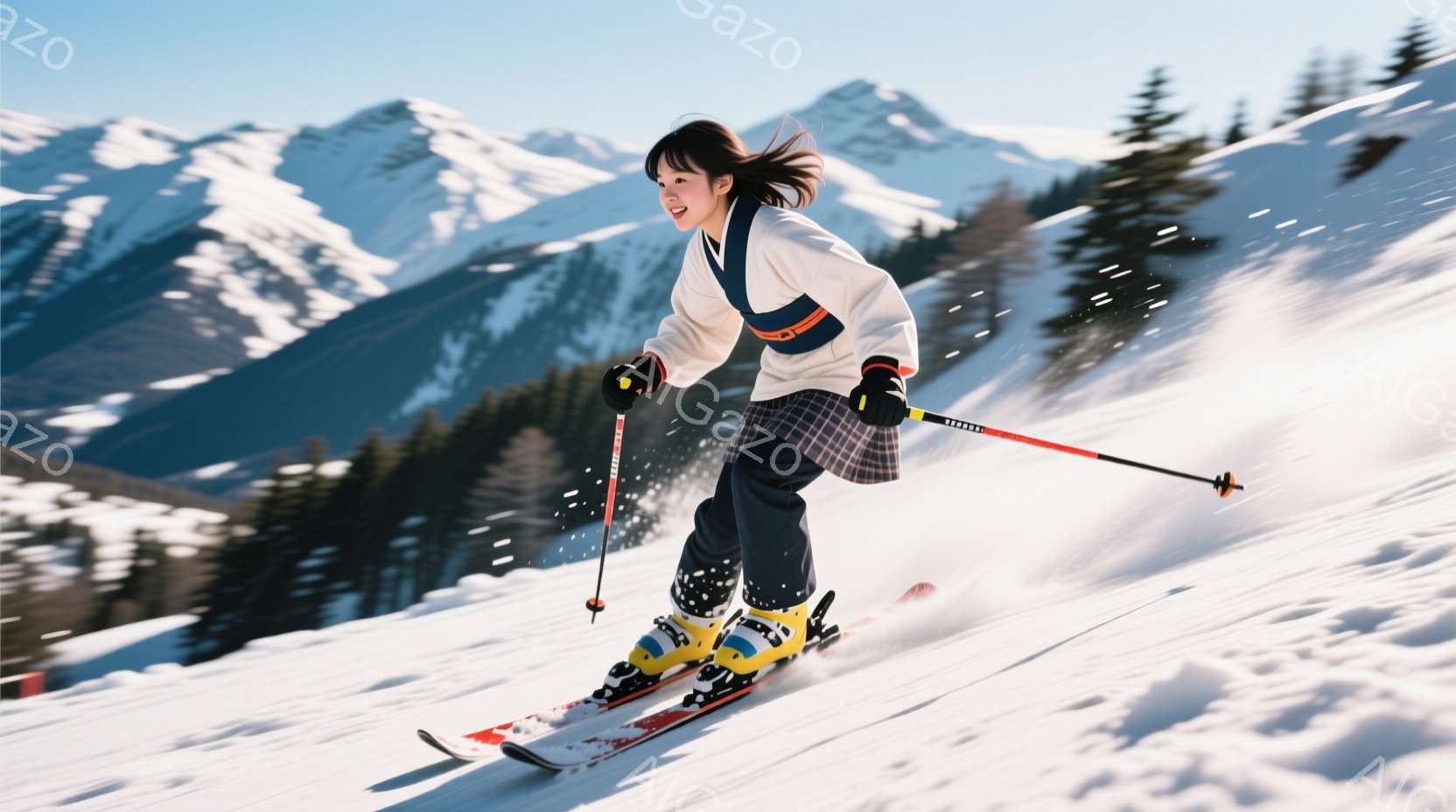 雪山を滑走する女性が写っている。白いジャケットにチェック柄のスカート、黒いレギンス、黄色いスキーブーツという鮮やかな服装で、髪はポニーテールになっている。背景には雪を頂いた山々と緑の木々が広がり、晴天 - AI生成フリー素材
