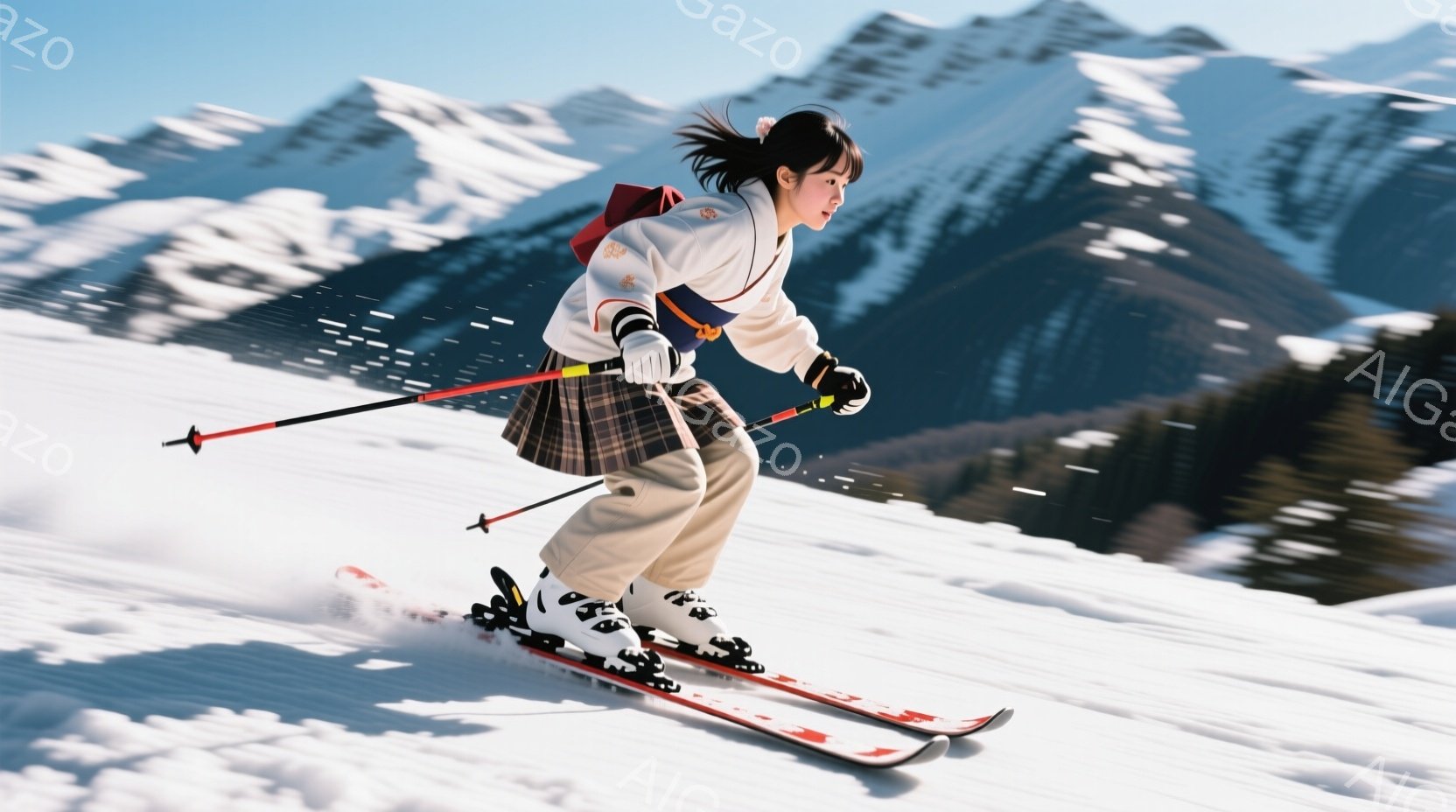 白いスキーウェアにチェックのスカートを合わせた女性が、雪山をスキーで滑っている様子が写っている。彼女は髪を後ろで一つにまとめ、集中した表情で斜面を下っている。背景には雪を抱いた山々が連なり、晴天の下、 - AI生成フリー素材