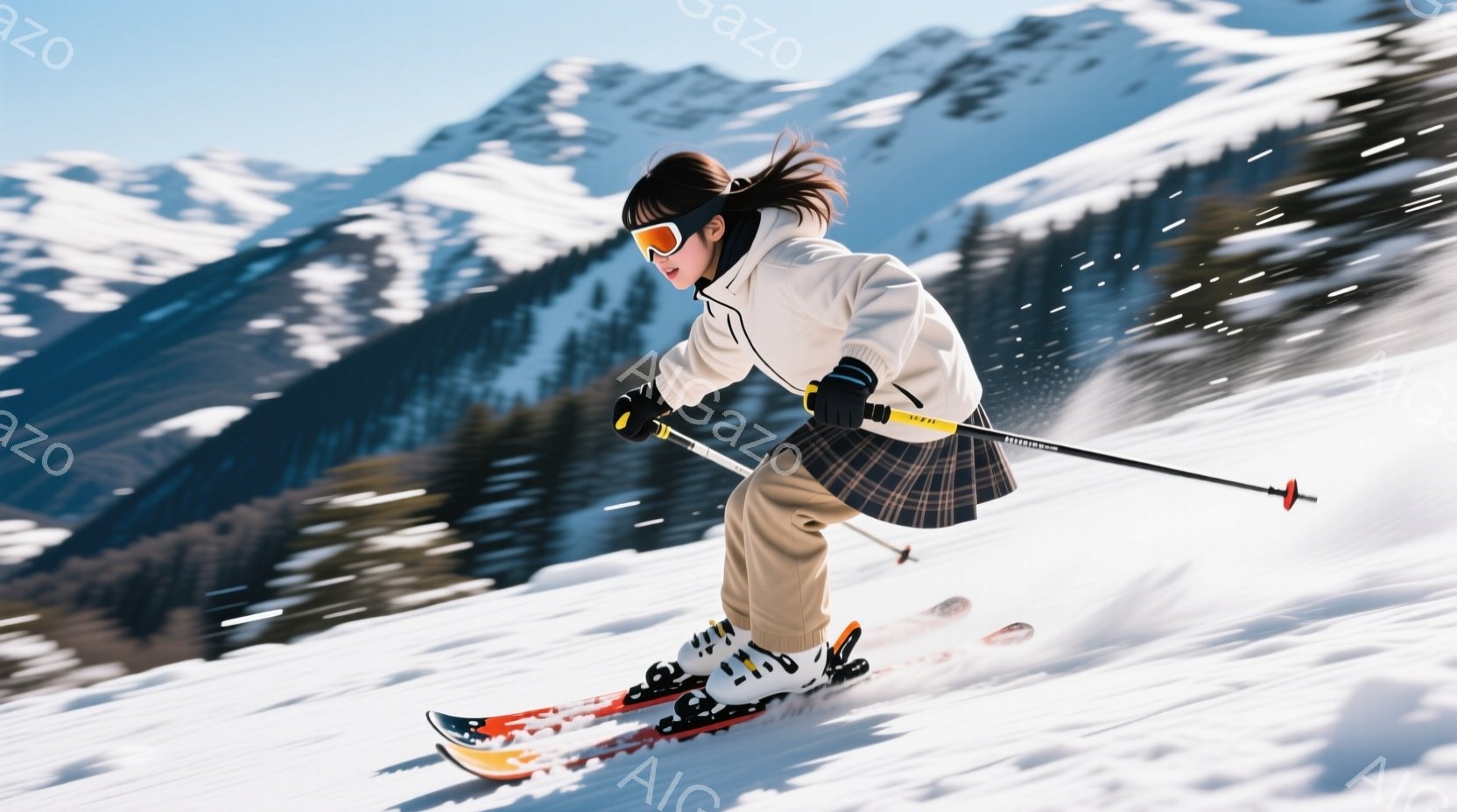 スキーヤーが雪山を滑走している様子が写っている。彼女はベージュ色のジャケットにプリーツスカート、黒い手袋、ゴーグルを着用し、髪はポニーテールに結んでいる。背景には雪を抱いた山々が広がり、晴天の下、スピ - AI生成フリー素材