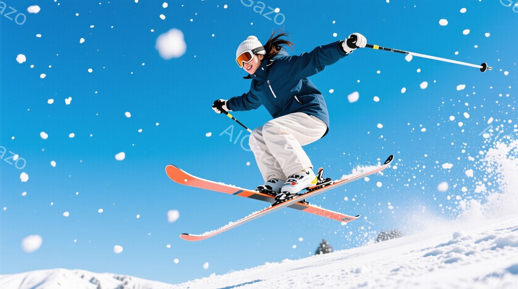 スキーヤーが雪の上でジャンプしている写真です。彼女は紺色のジャケットと白いズボンを着用し、頭には白い帽子をかぶっています。背景には青空と雪山が広がり、雪が舞う冬の光景が広がっています。 - AI生成フリー素材