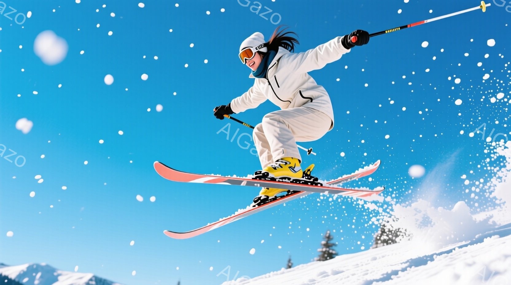 スキーヤーが雪上を高くジャンプしている様子が写っている。白のスキーウェアにヘルメットとゴーグルを着用し、黒髪をヘルメットから出している。背景は青空と雪山で、雪が舞い散る冬の晴天のスキー場である。 - AI生成フリー素材