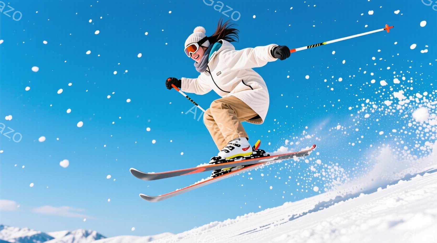 スキーヤーが雪上をジャンプしている様子が捉えられています。彼女は白のスキーウェアに黒のゴーグル、髪をポニーテールにしており、活気のある表情を見せています。背景には雪山が広がり、青空と白い雪のコントラス - AI生成フリー素材