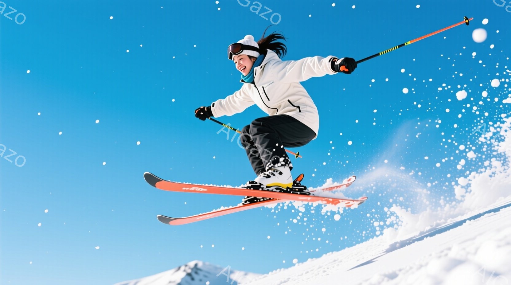 白いスキーウェアと黒いズボンを着用した女性が、雪上をジャンプしている様子が写っている。彼女は黒髪をポニーテールにし、ゴーグルをかけている。背景には白い雪山と青空が広がり、雪が舞っている様子から、爽やか - AI生成フリー素材