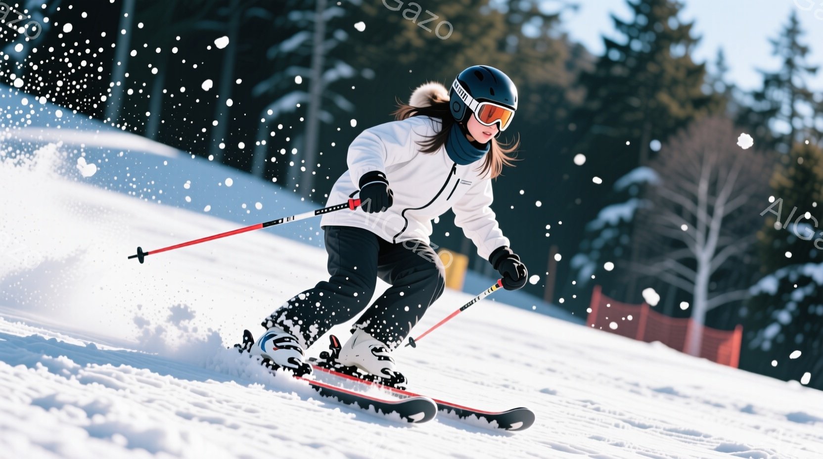 スキーヤーが雪山を滑走している様子が写っている。彼女は黒いヘルメットとゴーグルを着用し、白いジャケットと黒いスキースーツ姿で、スピードに乗って斜面を下っている。背景には雪に覆われた木々やオレンジ色のネ - AI生成フリー素材