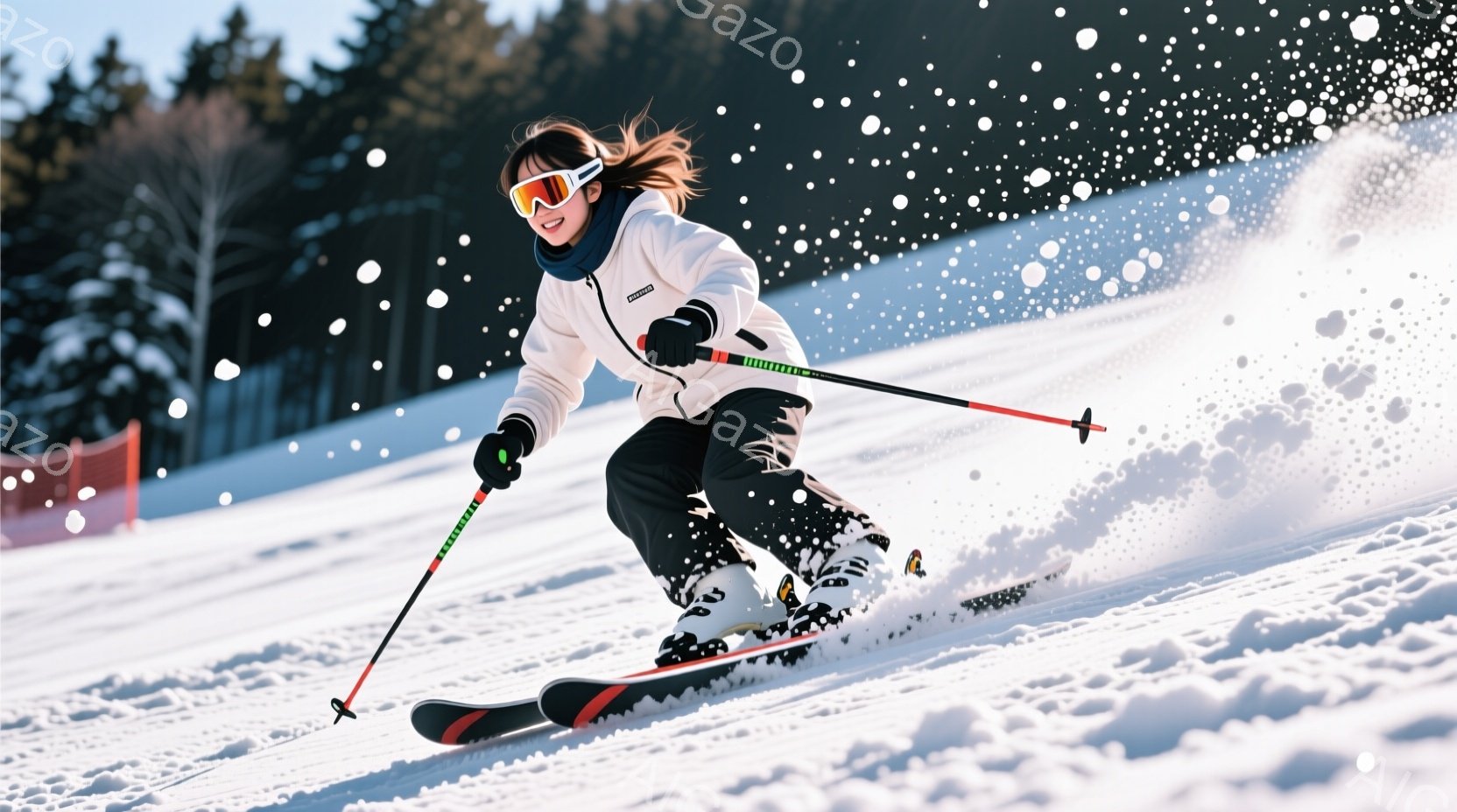 スキーヤーは白いジャケット、黒いズボン、ゴーグルを着用し、雪の上を滑走しています。彼女は少し微笑んでおり、髪はゴーグルの下から覗いています。背景には雪に覆われた木々と、オレンジ色のネットが見え、晴れた - AI生成フリー素材