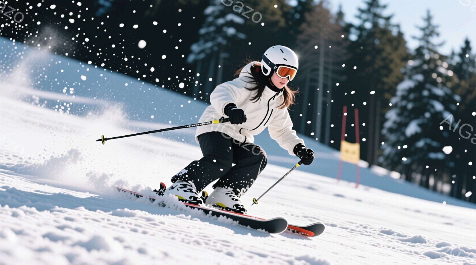 白いスキーウェアと黒いヘルメットを着用した女性が、雪山を滑降している様子が写っている。彼女は膝を曲げ、前傾姿勢でバランスを取りながら、スキー板を巧みに操っている。背景には針葉樹林が広がり、晴天の下、雪が舞う冬の風景が広がっている。