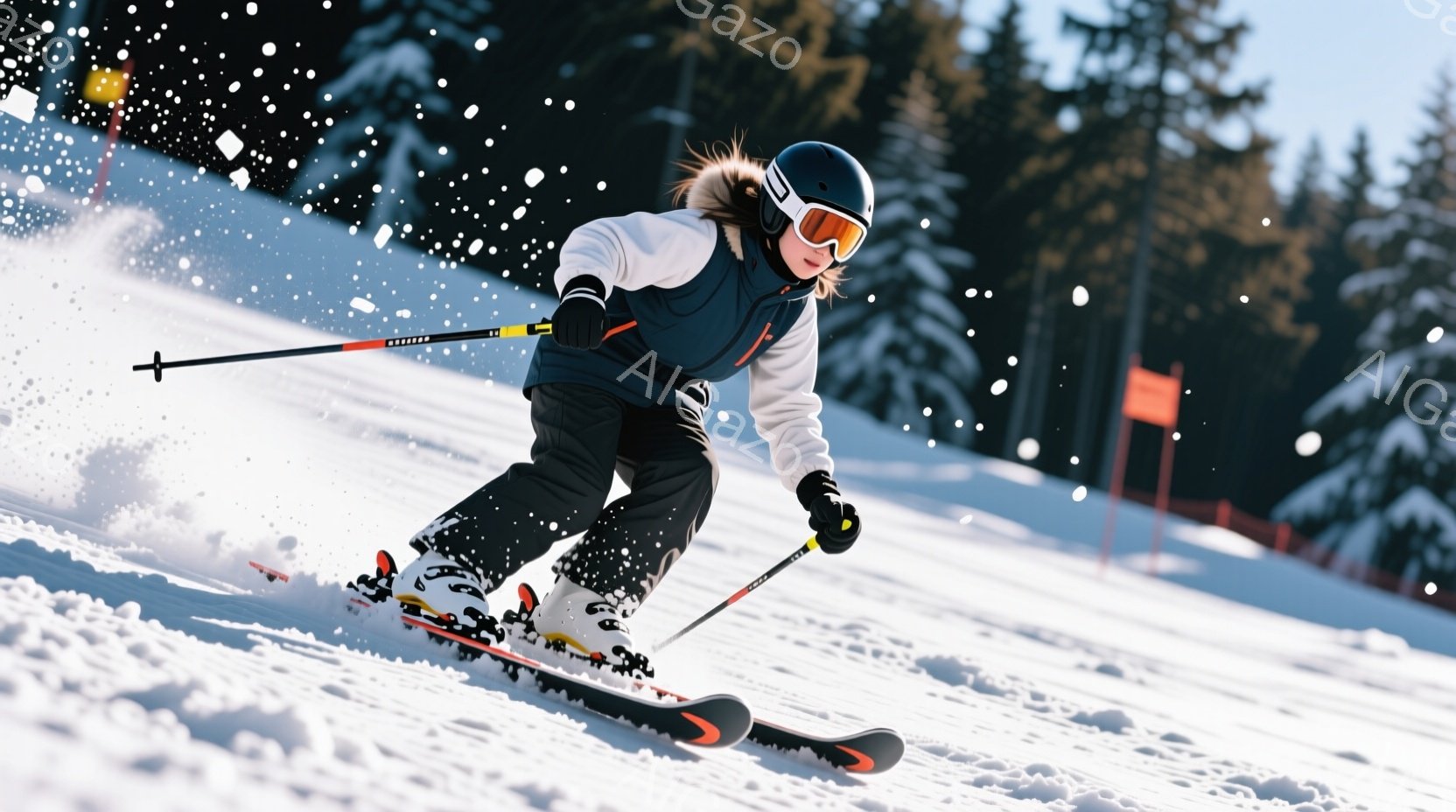 スキーをする少女が写っている。彼女は黒いヘルメット、ゴーグル、黒のスキーウェア、そして白いジャケットを着ており、髪はゴーグルの下で隠れている。雪煙を上げながら、スキー板を使い、斜面を下っている様子が捉えられており、背景には緑の木々と白い雪景色が広がり、冬の活気ある雰囲気が漂っている。