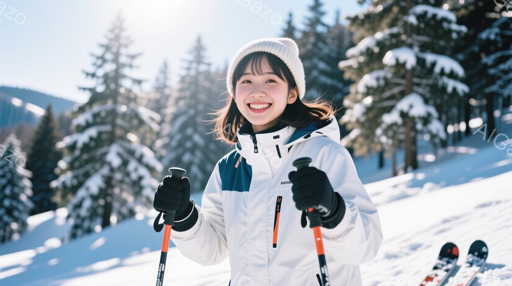 雪景色の中、若い女性がスキーウェア姿で微笑んでいる。白いスキーウェアに黒い手袋、ニット帽を着用し、スキーポールを両手に持っている。背景には雪をまとった木々と、ぼやけたスキー場の風景が広がり、明るい冬の - AI生成フリー素材