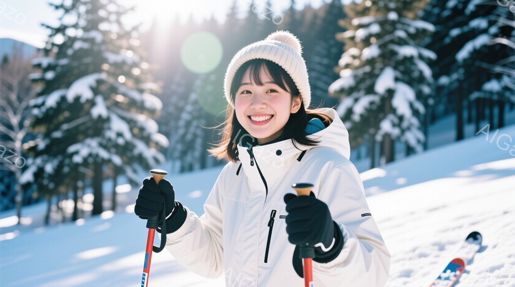 雪山を背景に、ニット帽をかぶった女性が微笑んでいる。白いスキーウェアと黒い手袋を着用し、スキーポールを両手に持っている。背景には雪をまとった木々と白い雪景色が広がり、晴天で明るい冬の雰囲気が伝わってく - AI生成フリー素材