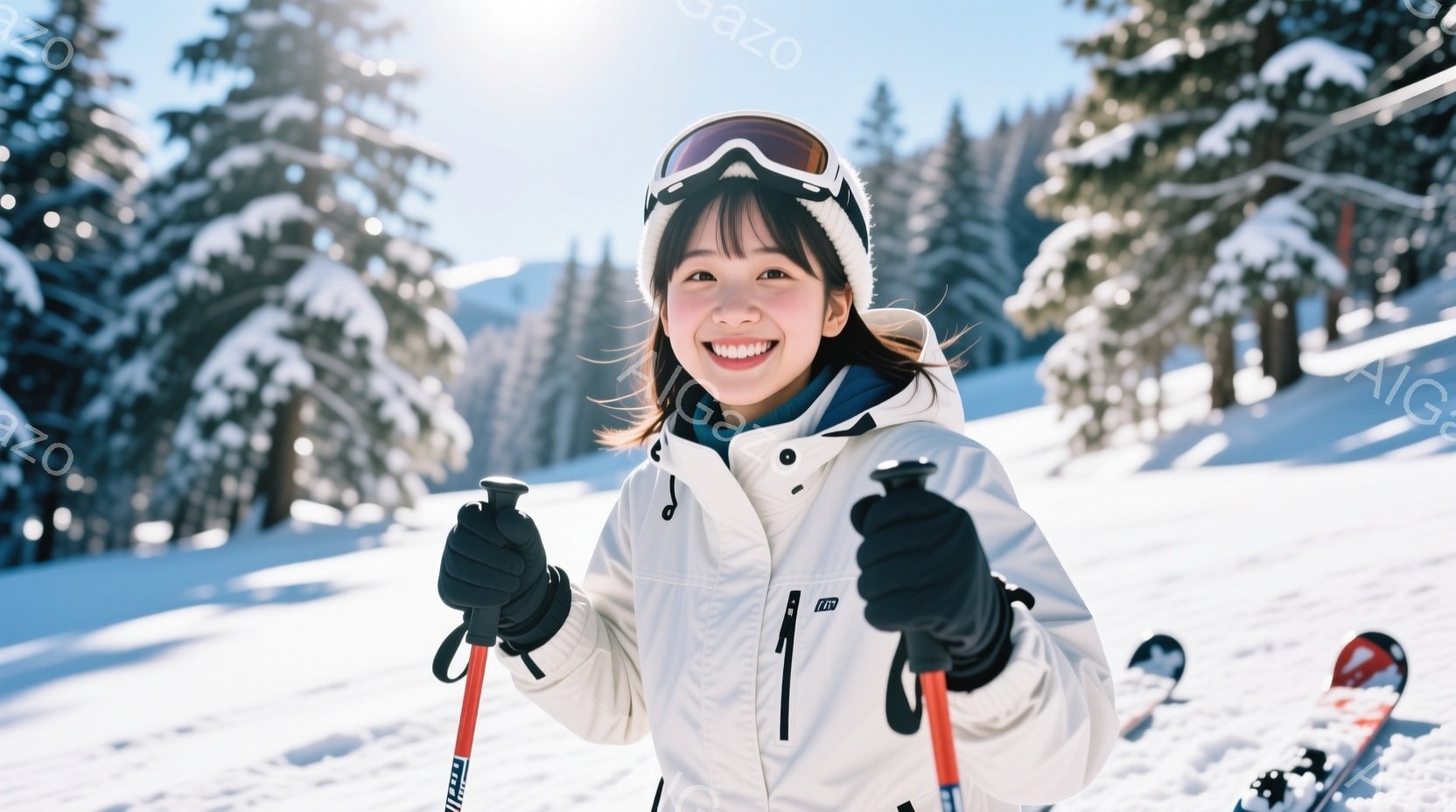 白いスキーウェアに黒い手袋とゴーグルをつけた女性が、雪山で満面の笑みを浮かべて立っている。彼女はスキーポールを持ち、少し前かがみになった姿勢で、明るい日差しの中、雪景色を楽しんでいる様子だ。背景には雪 - AI生成フリー素材