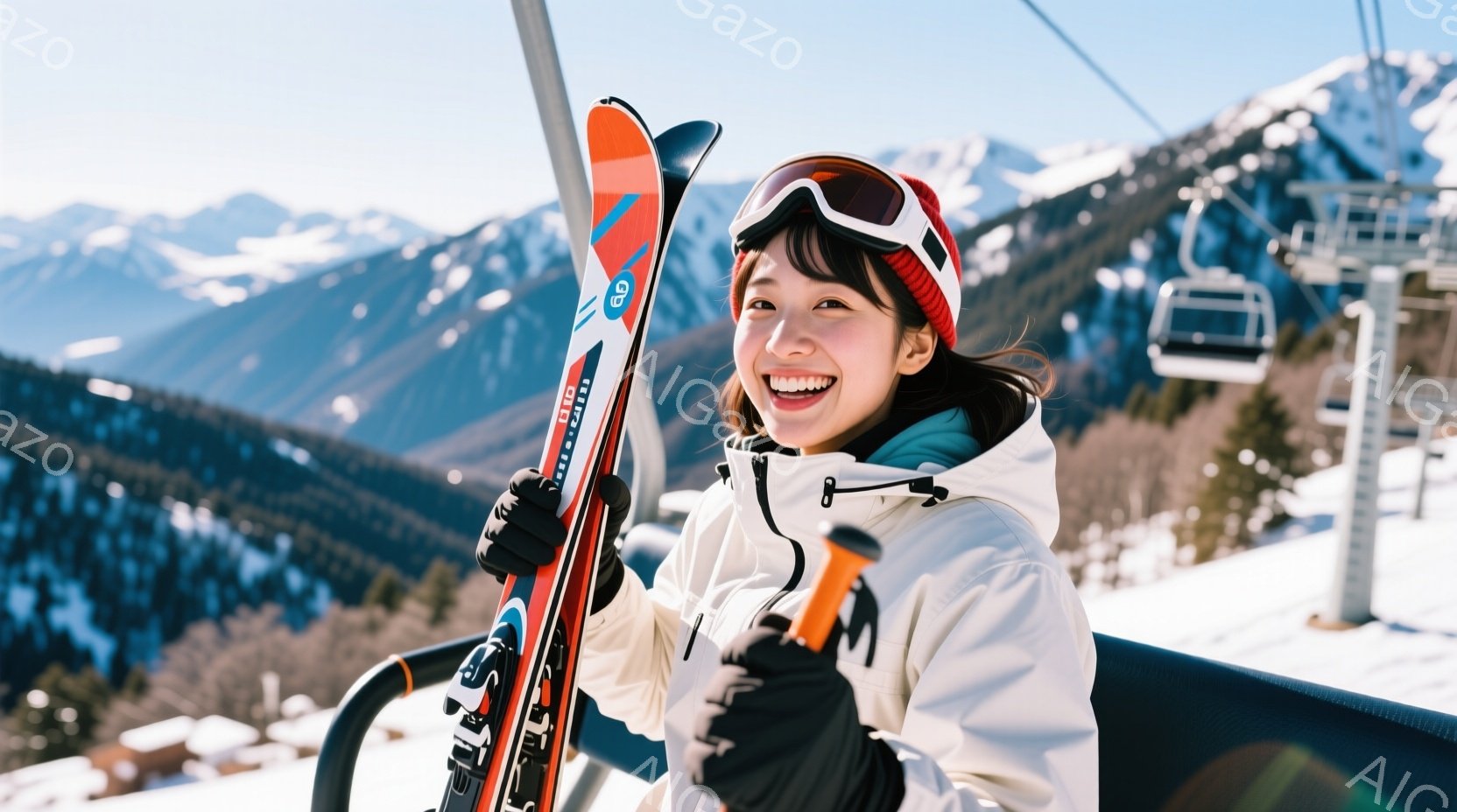 彼女はスキー場のリフトに乗っており、白いスキーウェアと黒い手袋を着用し、頭には黒いヘアバンドとゴーグルをつけている。 彼女は満面の笑みを浮かべ、片手にスキーを持ってリラックスした様子で座っている。 背 - AI生成フリー素材
