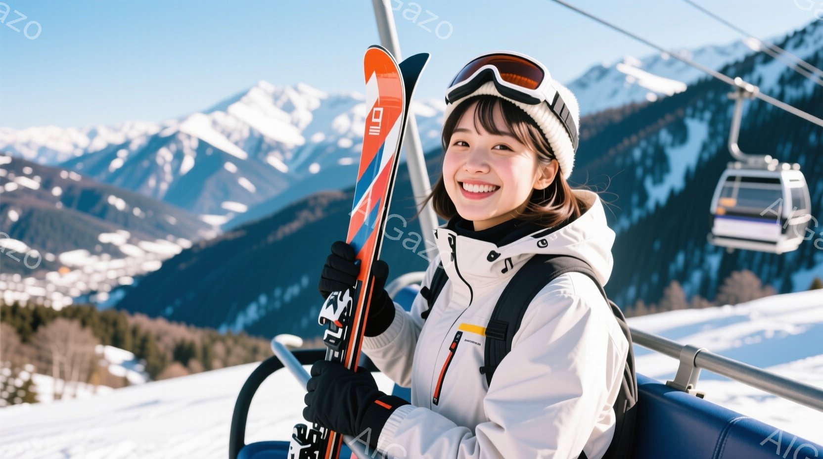 笑顔の女性がスキーリフトに乗っており、白いスキーウェアと黒い手袋を着用、髪は後ろでまとめています。背景には雪をまとった山々が広がり、晴天でリフトが運行しています。全体的に明るく、冬のスキーを楽しんでい - AI生成フリー素材