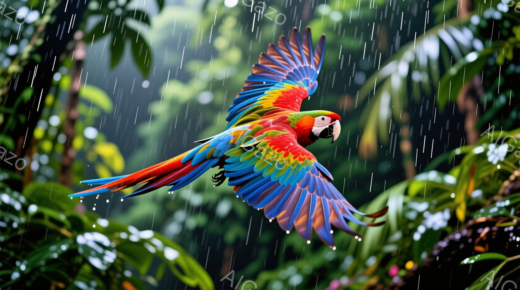 鮮やかな色のコンゴウインコが、緑豊かな熱帯雨林の中で翼を広げて飛んでいる。雨が降り注ぎ、葉の緑と鳥の鮮やかな色がコントラストをなしている。雨林の背景は濃く、奥行きがあり、鳥の自由な飛行と自然の生命力を - AI生成フリー素材