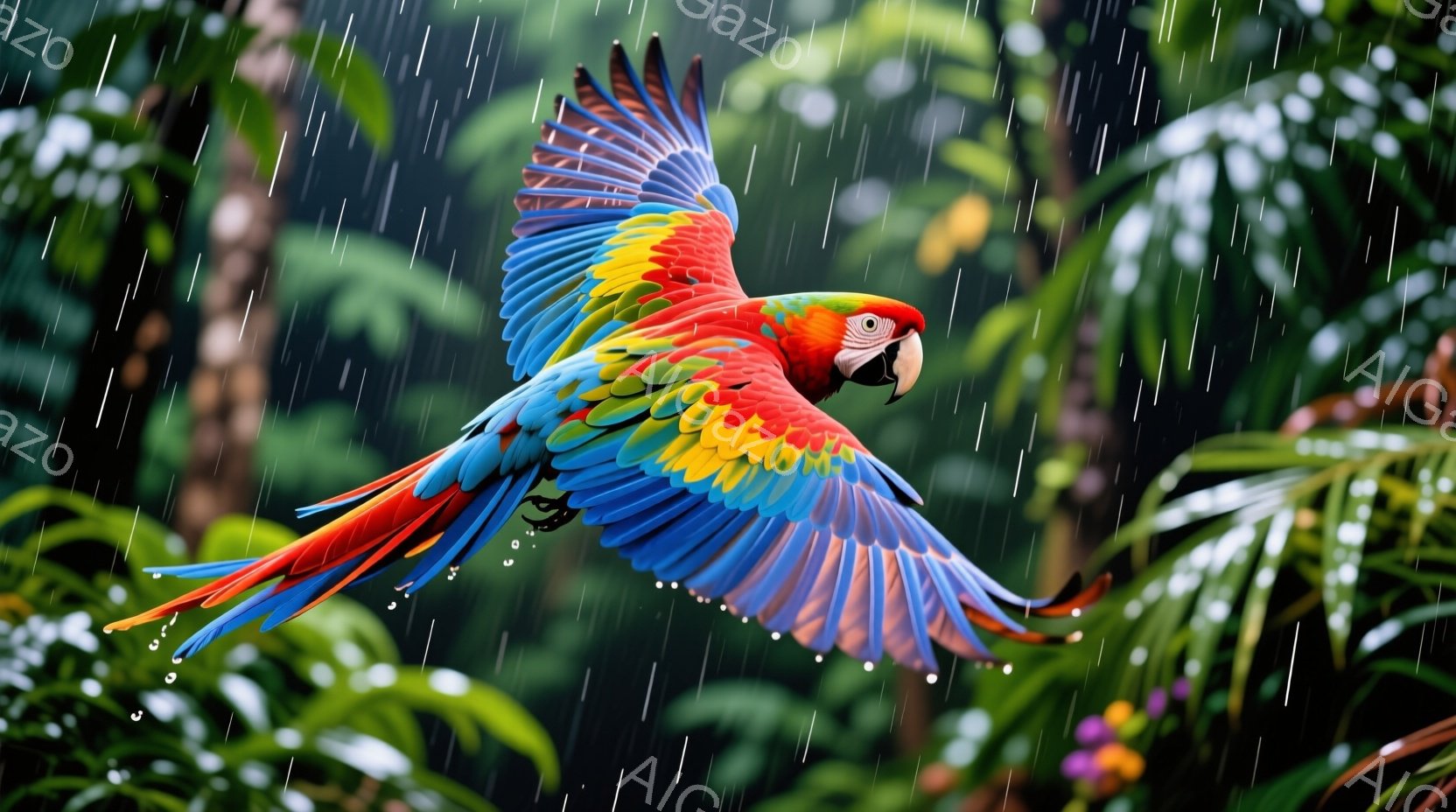色鮮やかなコンゴウインコが、緑豊かな熱帯雨林の中で翼を広げて飛んでいる姿が捉えられています。雨粒が降り注ぐ中、鮮やかな赤、青、黄色の羽が雨に濡れて輝き、ダイナミックな飛行姿勢が印象的です。背景には様々 - AI生成フリー素材