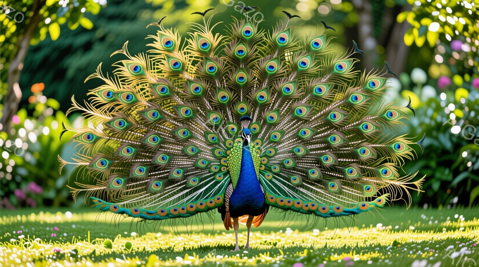 広々とした緑の芝生の上で、雄のクジャクが華麗な尾羽を広げて立っている。鮮やかな青、緑、金色の羽は太陽光の中で輝き、その姿はまるで宝石のようである。背景には、ぼやけた緑の木々や花々が見え、穏やかで平和な雰囲気を醸し出している。