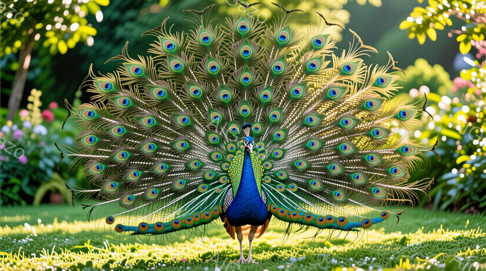 広大な緑の芝生の上に、雄のクジャクが尾羽を広げ、鮮やかな色彩を誇っています。その尾羽には、特徴的な青い目玉模様が並び、まるで宝石を散りばめたように輝いています。背景には、緑豊かな植物やぼんやりとした建物が見え、穏やかで平和な雰囲気を醸し出しています。