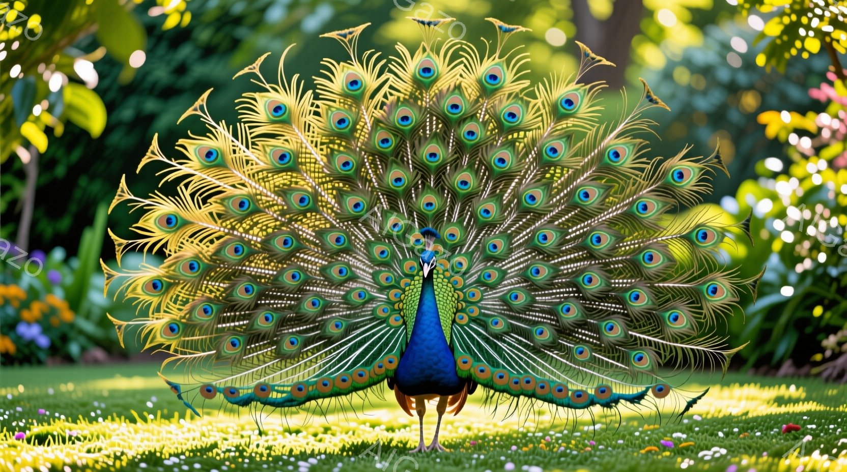 広々とした緑の芝生の上で、雄のクジャクが華麗な尾羽を広げて立っている。鮮やかな青、緑、金色の羽は光の中で輝き、その姿は堂々としており、周囲の鮮やかな花々とのコントラストが美しい。背景には緑豊かな木々が見え、穏やかな晴天の日の自然の美しさを際立たせている。