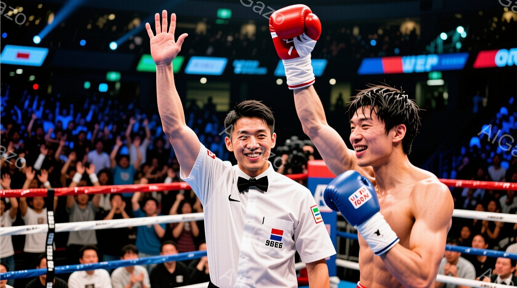 ボクシングリングの中で、レフェリーが片手を高く上げ、勝利を宣言している。勝利したボクサーは、赤いボクシンググローブを身につけ、満面の笑みを浮かべている。背景には観客席が広がり、興奮した観客で埋め尽くされている。
