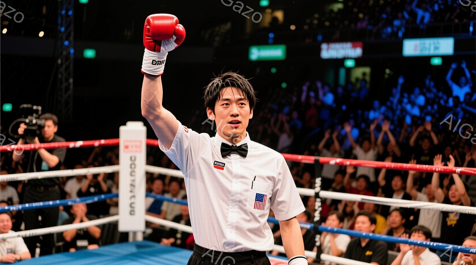 リングの中心に立つ男性は、白い長袖シャツに黒いズボン、そして黒い蝶ネクタイを着用したボクシングレフェリーです。彼は右手を高く上げ、勝利を告げるジェスチャーをとっており、表情は真剣で、競技の緊張感が伝わってきます。背景には観客席が広がり、多くの人々が試合を見守っている様子がわかります。