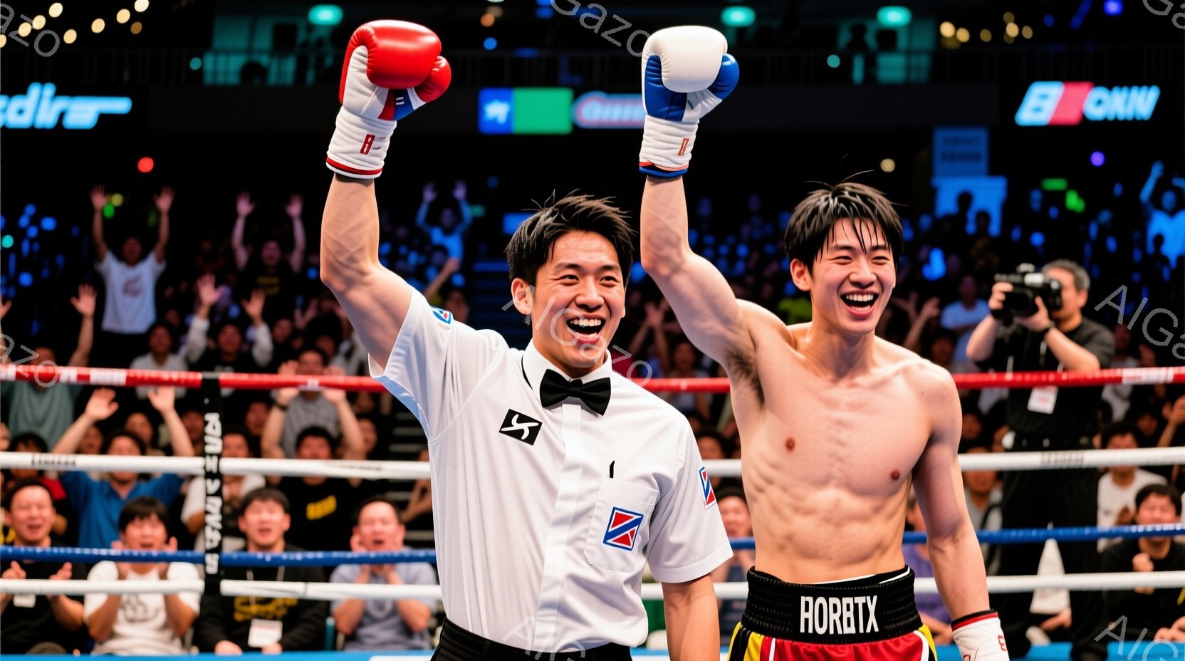 ボクシングリングで勝利を祝う二人の男性が写っています。片方は審判のような制服を着ており、韓国の国旗をモチーフにしたマークが付いています。もう片方はボクシングのコスチュームで、両手を高く上げ、満面の笑みを浮かべています。