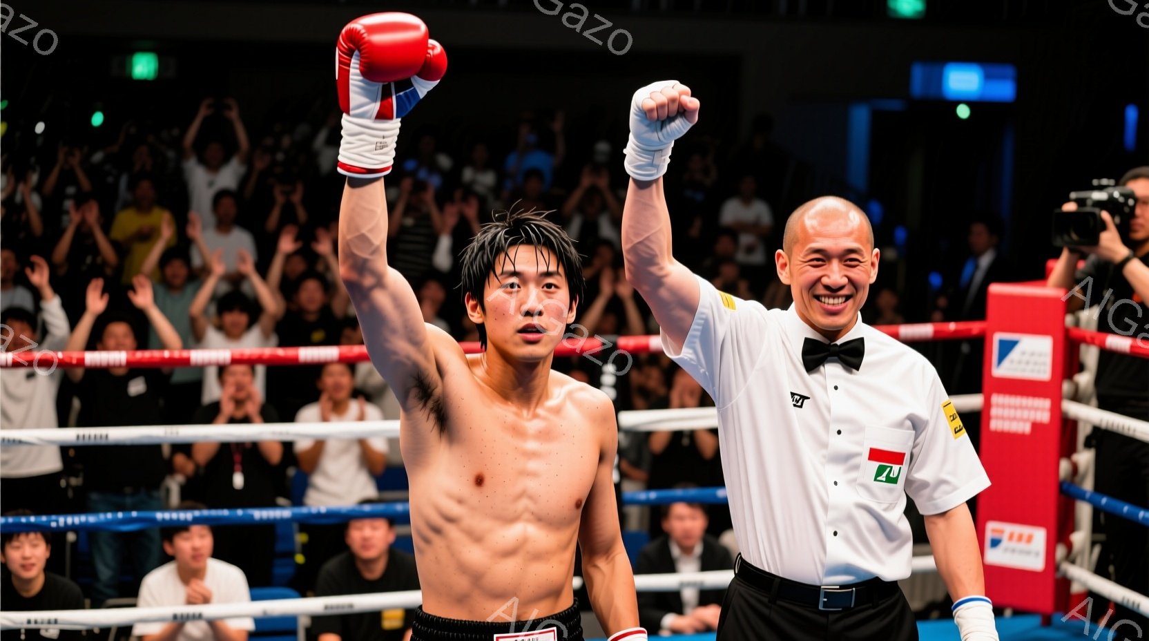 ボクシングリング中央に立つ男性ボクサーは、片手を高く挙げ、勝利をアピールしている。彼は上半身裸でショートパンツを着用し、額には汗が光り、顔には満面の笑みが浮かんでいる。リングのロープ越しには観客席が広がり、多くの人々が興奮した様子で彼を見守っている。