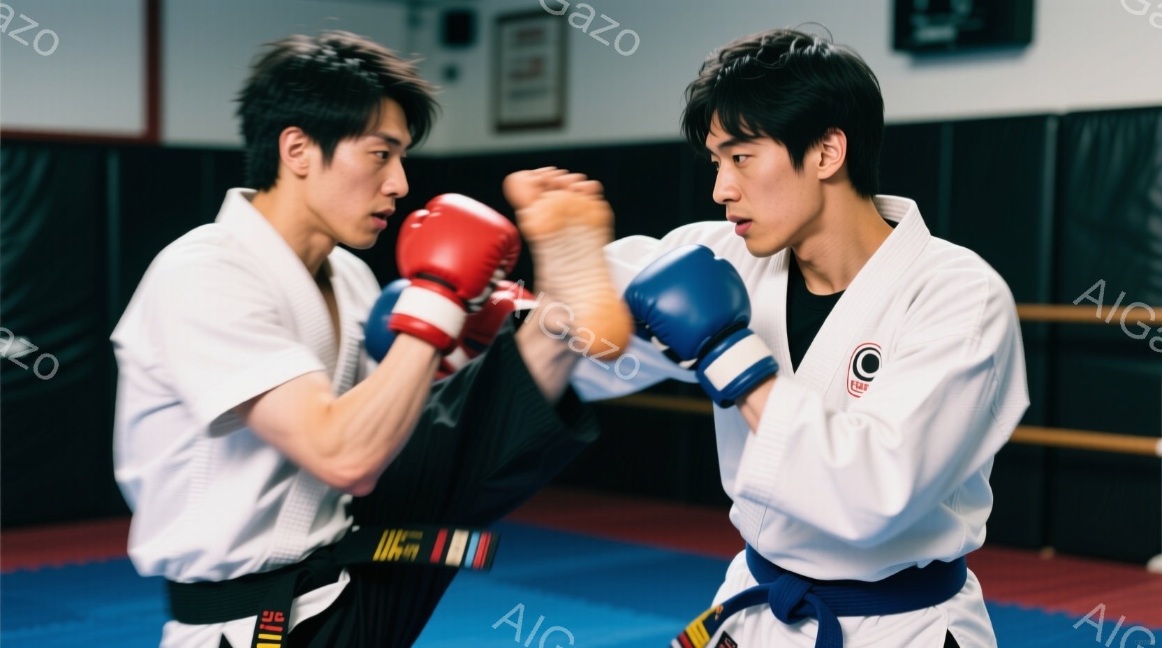 柔道着を着た二人の男性が格闘技の練習をしている様子が写っている。一人は蹴りを繰り出し、もう一人はそれを防御しようとしている構えで、動きのある瞬間を捉えている。背景は畳の武道場であり、集中した雰囲気の中でトレーニングに励む姿が印象的だ。