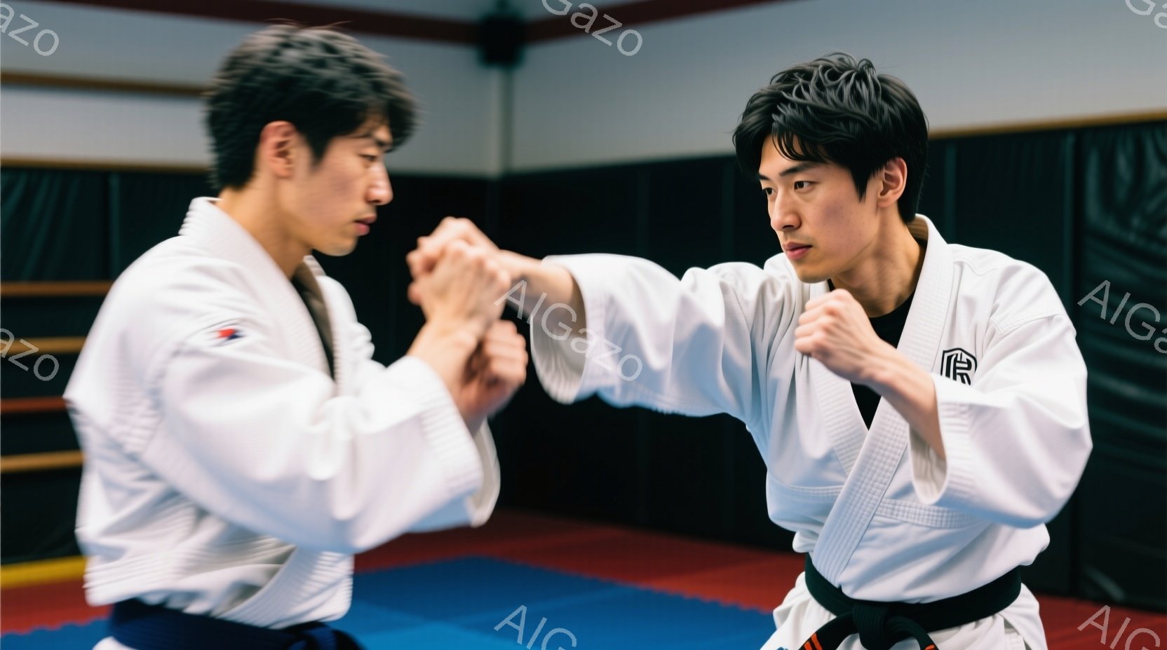 空手の着物を着た二人の男性が対峙しています。黒帯を締め、険しい表情で構え、技を繰り出す瞬間を捉えています。背景は青い柔道マットと壁で、トレーニングジムのような空間であることがわかります。 - AI生成フリー素材