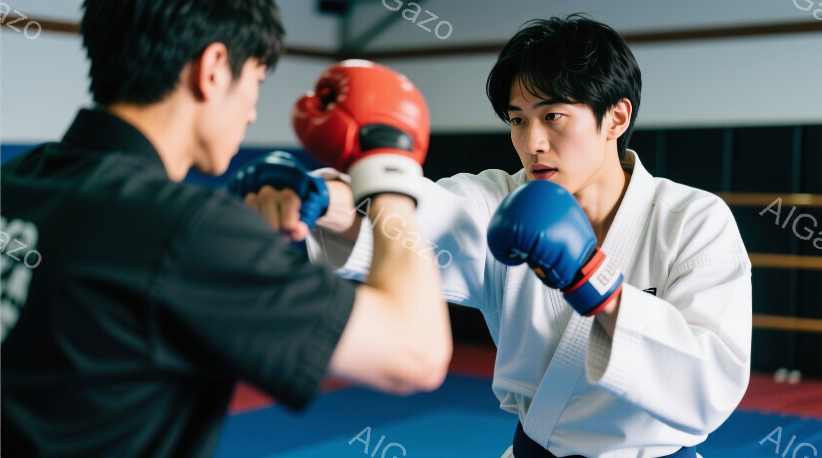 白い柔道着を着用した若い男性が、赤いボクシンググローブをはめた相手と向かい合っています。彼は攻撃態勢で拳を突き出し、集中した表情をしています。背景は青いマットが敷かれた柔道場のような場所で、集中したトレーニングの雰囲気です。