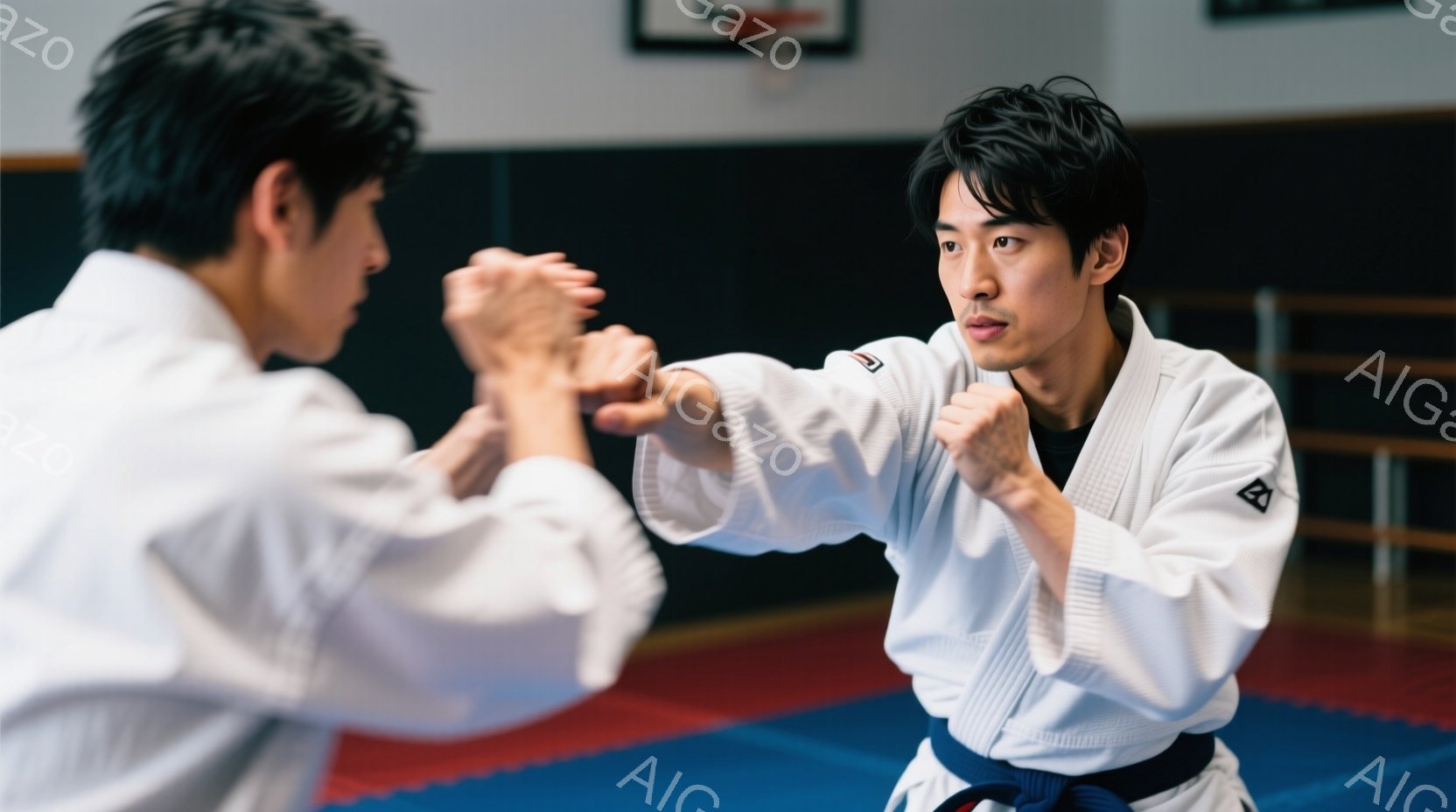 空手着を着た二人の男性が、練習場でお互いにパンチを繰り出している様子が写っている。男性は黒い帯をしており、真剣な表情で技に集中している。背景は青と赤の柔道マットで、壁にはバスケットボールのゴールが見え - AI生成フリー素材