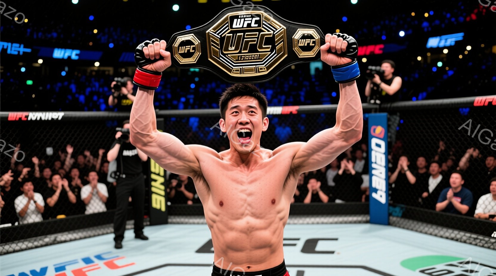 鮮やかな照明が照らすUFCのオクタゴン中央で、アジア人男性が勝利を喜んでいます。彼は上半身を裸にし、赤い手袋を着用し、勝利を象徴する金色のチャンピオンシップベルトを高々と掲げ、満面の笑みを浮かべています。観客席は観客で埋め尽くされ、興奮と熱狂に包まれた、勝利の瞬間を捉えた写真です。