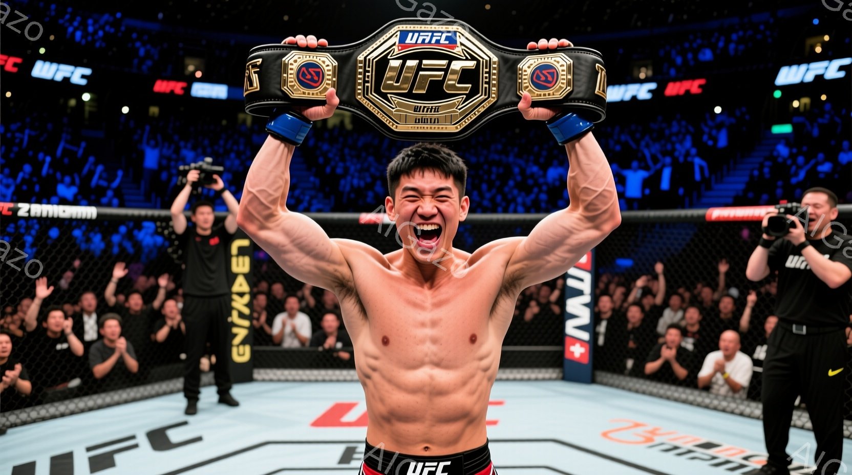 筋肉質な男性がUFCチャンピオンベルトを両手で高く掲げ、満面の笑みを浮かべている。彼は上半身裸で、短髪、引き締まった体格をしており、リング中央で勝利を喜んでいる様子が伺える。背景には観客席とUFCのロ - AI生成フリー素材