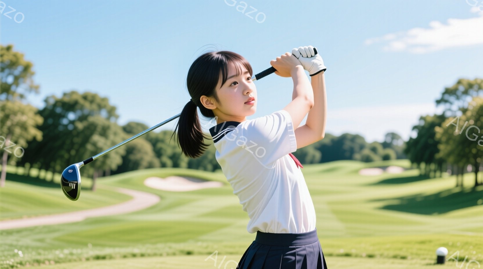 若い女性ゴルファーがゴルフスイングをしている写真です。白地にネイビーのラインが入ったポロシャツと、プリーツスカートを着用し、髪は後ろでポニーテールにまとめています。背景は緑豊かなゴルフコースで、晴天の下、彼女は力強くスイングを行い、集中した表情を浮かべています。